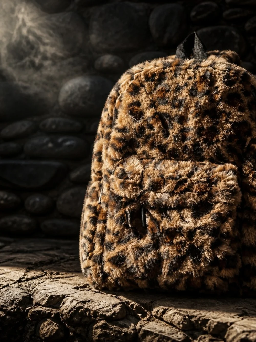 Leopard Print Faux Fur Backpack - Brown